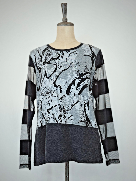 Sassy Tops - NWT Sassy #12201 Gray Black Long Mesh Sleeve Tunic Top #0236 Size S